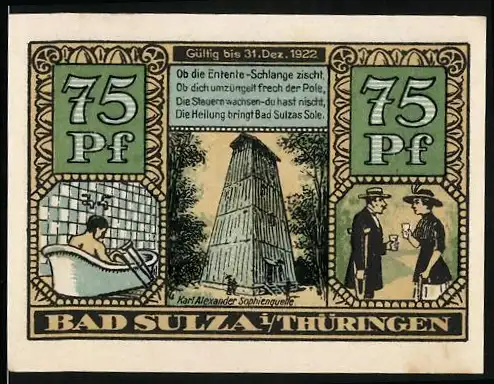 Notgeld Bad Sulza, 1921, 75 Pf, Kur- und Badeort mit Turm und Badegast