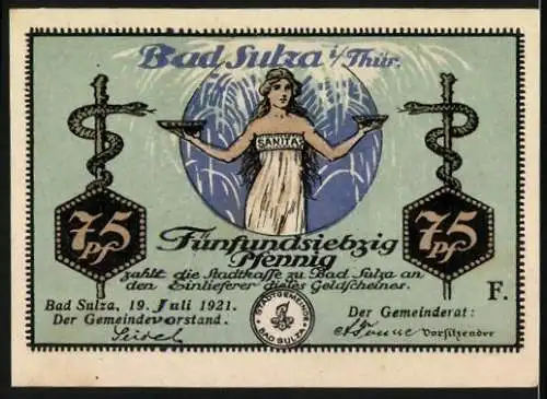 Notgeld Bad Sulza, 1921, 75 Pf, Kur- und Badeort mit Turm und Badegast