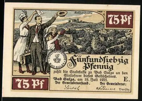 Notgeld Bad Sulza 1921, 75 Pfennig, Stadtansicht und Landschaft mit Weinbergen und Gradierwerk