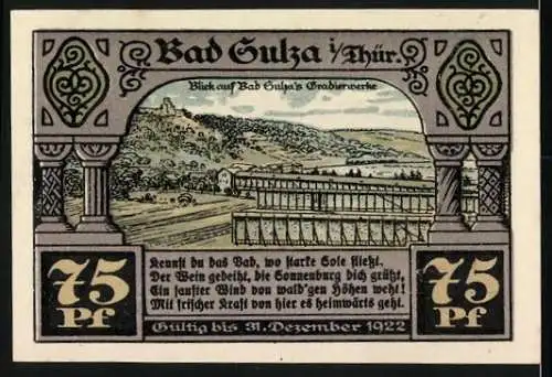 Notgeld Bad Sulza 1921, 75 Pfennig, Stadtansicht und Landschaft mit Weinbergen und Gradierwerk