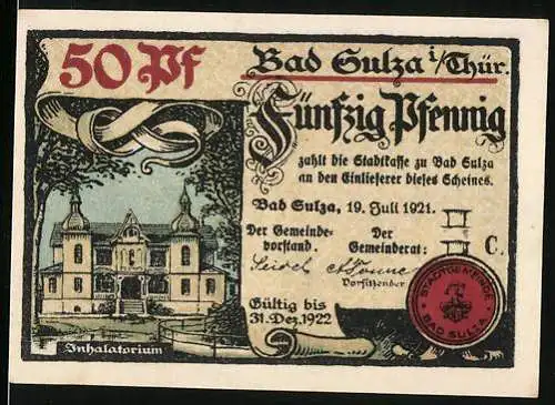 Notgeld Bad Sulza 1921, 50 Pfennig, Abbildung des Inhalatorium und Trinkhalle, Gültig bis 31. Dez. 1922