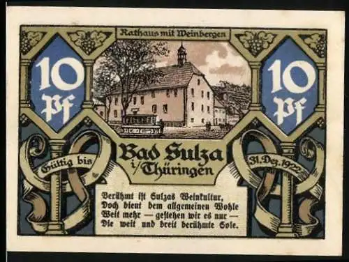 Notgeld Bad Sulza 1921, 10 Pfennig, Rathaus mit Weinbergen und Technikum