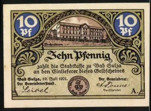 Notgeld Bad Sulza 1921, 10 Pfennig, Rathaus mit Weinbergen und Technikum