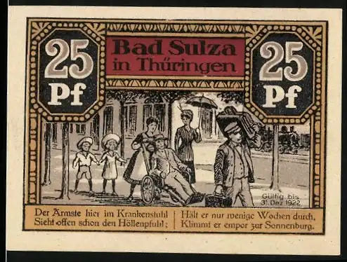 Notgeld Bad Sulza 1921, 25 Pf, Vorderseite mit Krankenstuhl und Rückseite mit Sonnenburg