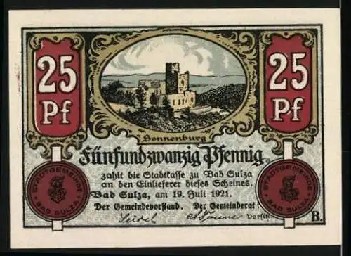 Notgeld Bad Sulza 1921, 25 Pf, Vorderseite mit Krankenstuhl und Rückseite mit Sonnenburg