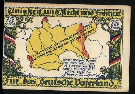 Notgeld Soltau, 1921, 75 Pfennig, Karte von Deutschland und Denkmal