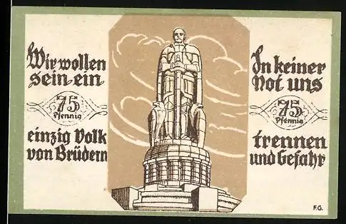 Notgeld Soltau, 1921, 75 Pfennig, Statue und Karte des Deutschen Reichs