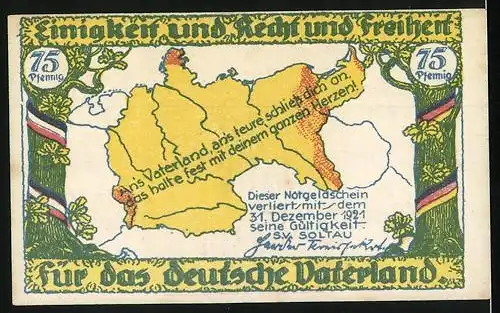 Notgeld Soltau, 1921, 75 Pfennig, Statue und Karte des Deutschen Reichs