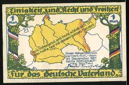 Notgeld Soltau, 1921, 1 Mark, Statue und Karte des Deutschen Vaterlands