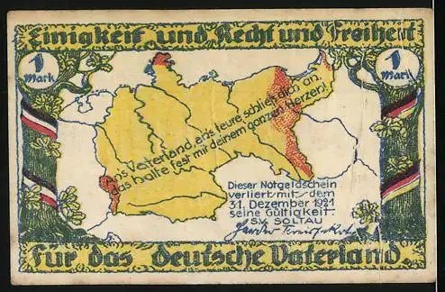 Notgeld Soltau 1921, 1 Mark, Statue eines Mannes mit Karte von Deutschland, Text: Wir wollen trauen auf den ...