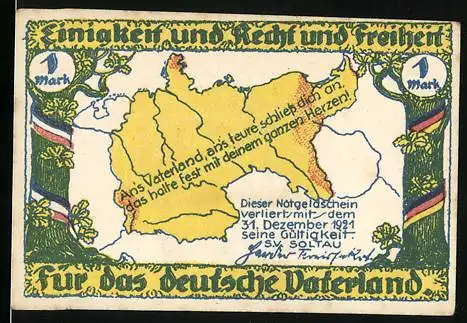 Notgeld Soltau, 1921, 1 Mark, Einigkeit und Recht und Freiheit, Statue mit Text