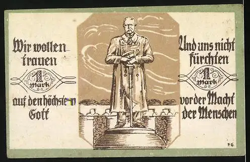 Notgeld Soltau, 1921, 1 Mark, Einigkeit und Recht und Freiheit, Statue mit Text