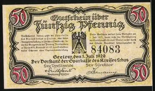 Notgeld Seelow 1920, 50 Pfennig, Arbeiter mit Hammer und Text, Seriennummer 84083