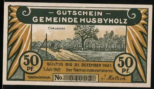 Notgeld Husbyholz 1921, 50 Pfennig, Landschaft mit Chaussee und Bergsteiger