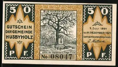 Notgeld Husbyholz, 1921, 50 Pf, Bismarckdenkmal und Menschenmenge vor Gasthaus