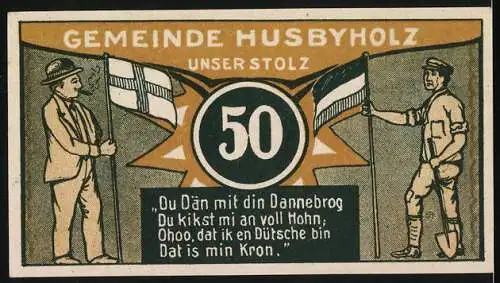 Notgeld Husbyholz, 1921, 50 Pf., Gutschein der Gemeinde Husbyholz mit Abbildung der Schule, Rückseite mit zwei Fahnen