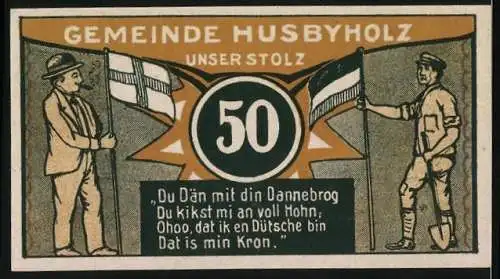 Notgeld Husbyholz, 1921, 50 Pf, Gutschein der Gemeinde, Schule und zwei Figuren, gültig bis 31. Dezember 1921