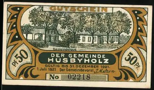 Notgeld Husbyholz 1921, 50 Pfennig, mit Gemeindebild und Versammlungsszene