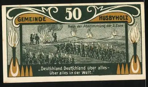 Notgeld Husbyholz 1921, 50 Pfennig, mit Gemeindebild und Versammlungsszene