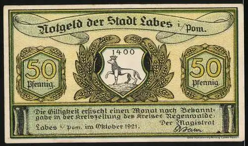 Notgeld Labes, 1921, 50 Pfennig, Im trauten Heim mit Hirschwappen und Gültigkeitshinweis