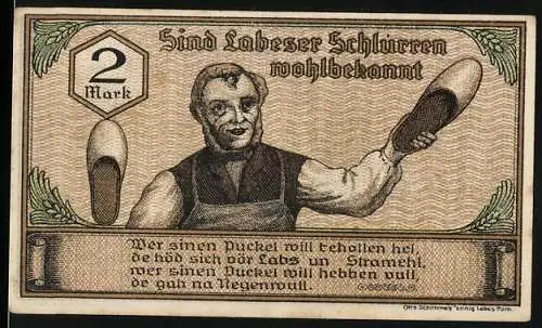 Notgeld Labes 1921, 2 Mark, Darstellung eines Mannes mit Holzpantoffel und Stadtwappen mit Hirsch