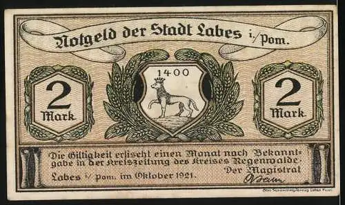 Notgeld Labes 1921, 2 Mark, Darstellung eines Mannes mit Holzpantoffel und Stadtwappen mit Hirsch