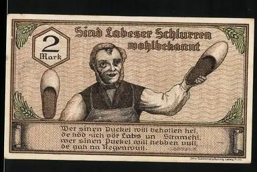 Notgeld Labes, 1921, 2 Mark, Mann mit Schuh und Wappen mit Hirsch