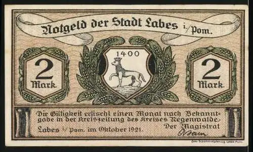 Notgeld Labes, 1921, 2 Mark, Mann mit Schuh und Wappen mit Hirsch