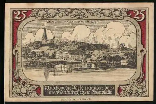 Notgeld Malchow, 25 Pfennig, Stadt und Kloster Malchow mit Stadtwappen und Verzierung