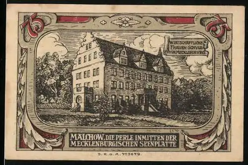 Notgeld Malchow, 1921, 75 Pfennig, Wirtschaftliche Frauenschule und Stadtwappen