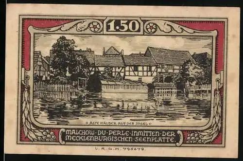 Notgeld Malchow, 1.50 Mark, Alte Häuser auf der Insel, Mecklenburgische Seenplatte, Wappen