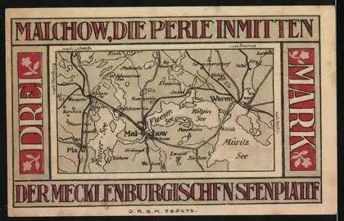 Notgeld Malchow i.M., Drei Mark, Sparkasse der Stadt Malchow in Mecklenburg, Karte der mecklenburgischen Seenplatte