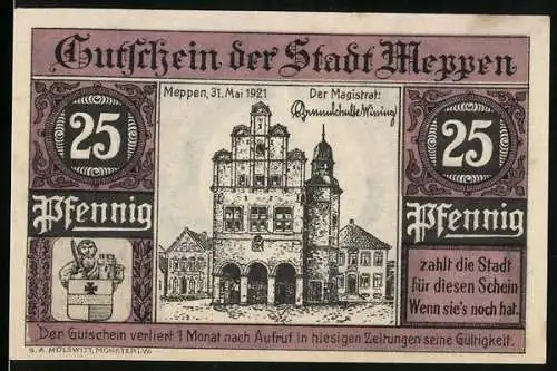 Notgeld Meppen, 1921, 25 Pfennig, Gutschein der Stadt Meppen mit Stadtansicht und Reiter auf Rückseite