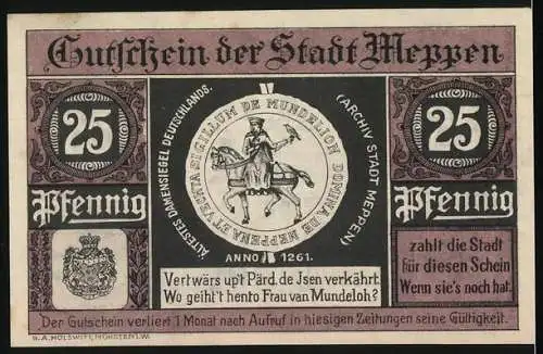 Notgeld Meppen, 1921, 25 Pfennig, Gutschein der Stadt Meppen mit Stadtansicht und Reiter auf Rückseite