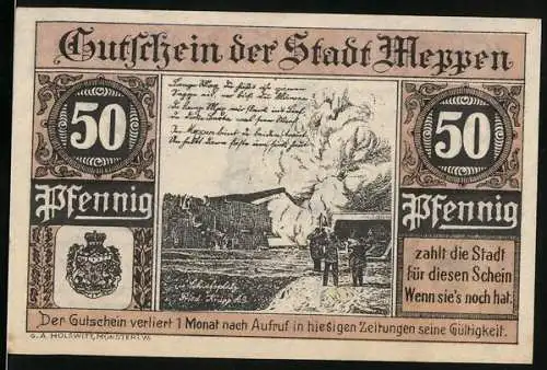 Notgeld Meppen 1921, 50 Pfennig, Vorderseite mit Explosion und Rückseite mit Stadtgebäude