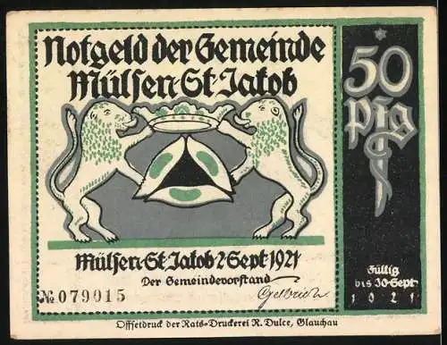 Notgeld Mülsen St. Jakob 1921, 50 Pf, zwei Männer feiern an einer Laterne, Löwenwappen mit Gemeindevorstand-Signatur