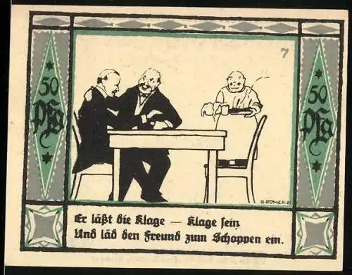 Notgeld Mülsen St. Jakob 1921, 50 Pf, Zwei Männer und Spruch, Zwei Löwen mit Wappen