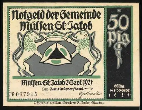 Notgeld Mülsen St. Jakob 1921, 50 Pf, Zwei Männer und Spruch, Zwei Löwen mit Wappen