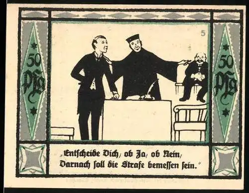 Notgeld Mülsen St. Jakob, 1921, 50 Pfennig, zwei Löwen mit Wappen und Gerichtsszene mit Richter und Angeklagtem