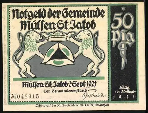 Notgeld Mülsen St. Jakob, 1921, 50 Pfennig, zwei Löwen mit Wappen und Gerichtsszene mit Richter und Angeklagtem