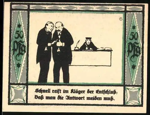 Notgeld Mülsen St. Jakob, 1921, 50 Pf, Illustration von zwei Männern und einem Schreiber am Tisch