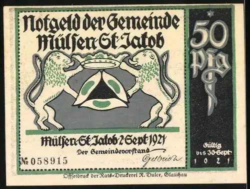 Notgeld Mülsen St. Jakob, 1921, 50 Pf, Illustration von zwei Männern und einem Schreiber am Tisch