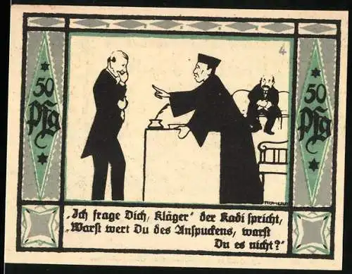 Notgeld Mülsen St. Jakob 1921, 50 Pfennig, Illustration eines Gerichtsverfahrens mit Spruch