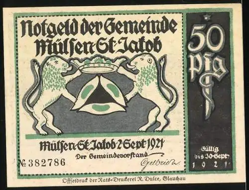 Notgeld Mülsen St. Jakob 1921, 50 Pfennig, Illustration eines Gerichtsverfahrens mit Spruch