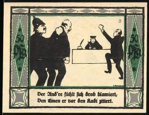 Notgeld Mülsen St. Jakob 1921, 50 Pfennig, Illustration mit Gerichtsszene und Wappen mit zwei Löwen