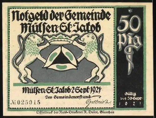 Notgeld Mülsen St. Jakob 1921, 50 Pfennig, Illustration mit Gerichtsszene und Wappen mit zwei Löwen