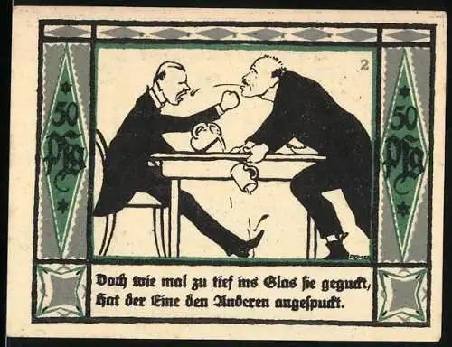 Notgeld Mülsen St. Jakob, 1921, 50 Pfennig, zwei Männer am Tisch, einer spuckt den anderen an, Löwen mit Wappen