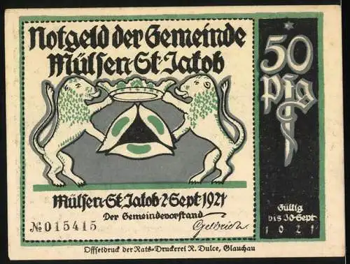 Notgeld Mülsen St. Jakob, 1921, 50 Pfennig, zwei Männer am Tisch, einer spuckt den anderen an, Löwen mit Wappen