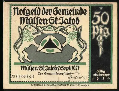 Notgeld Mülsen St. Jakob 1921, 50 Pfennig, mit zwei Löwen und zwei Männern mit Bierkrügen