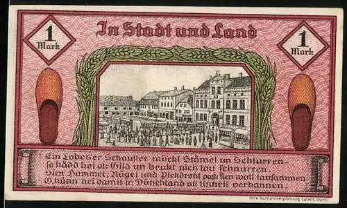 Notgeld Labes, 1921, 1 Mark, Marktansicht und Wappen mit Hirsch im Kranz